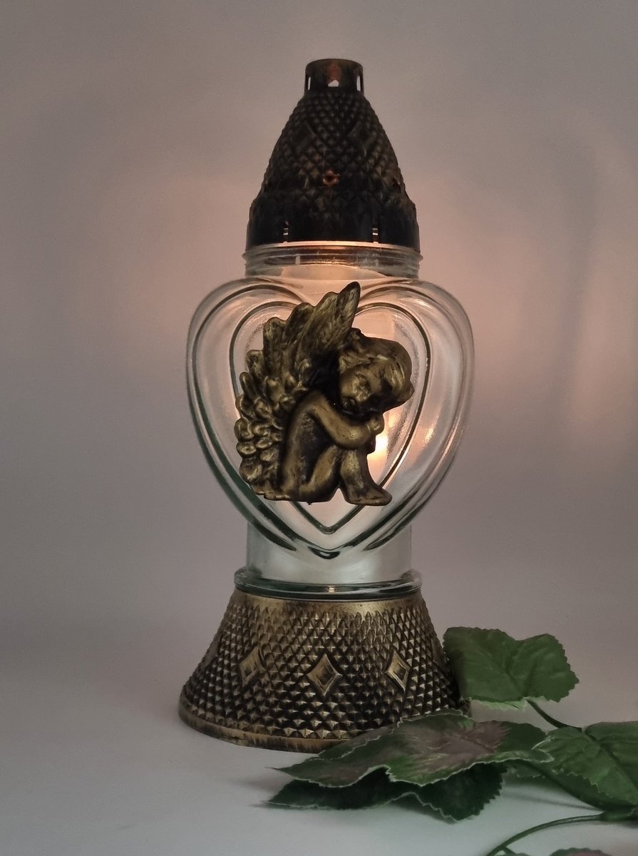 Herdenkingslichtjes Herdenkingslicht - P39 - Engel - Hart - Goud - Grafkaars - Graflicht - Graflantaarn – Grafdecoratie - Windlicht
