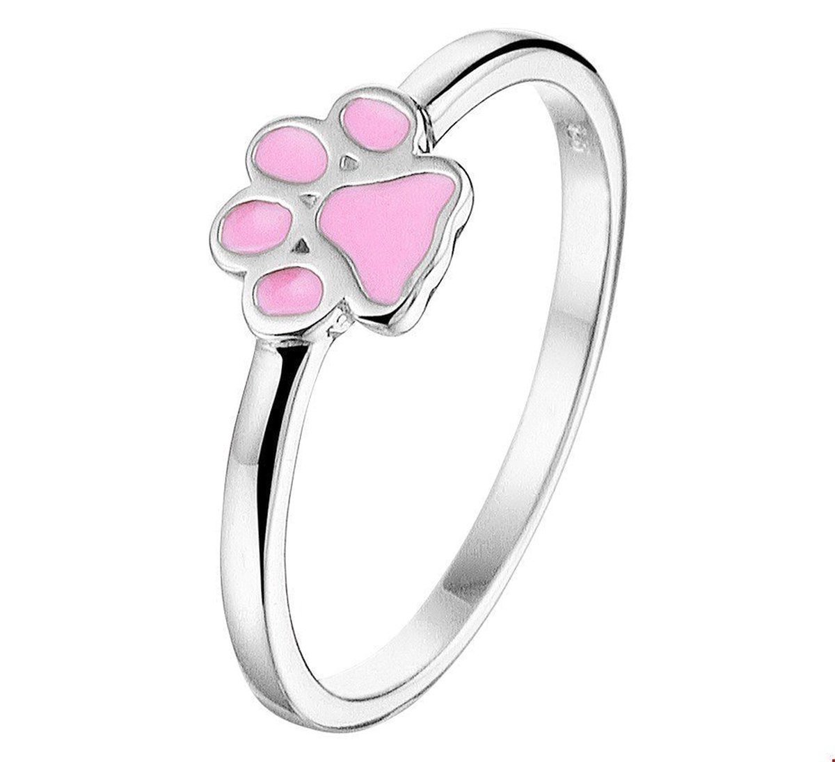Zilveren kinderring met roze pootafdruk – lieve meisjesring – 14mm – speelse dierenring – subtiel ringetje voor kind – schattig sieraad met pootje