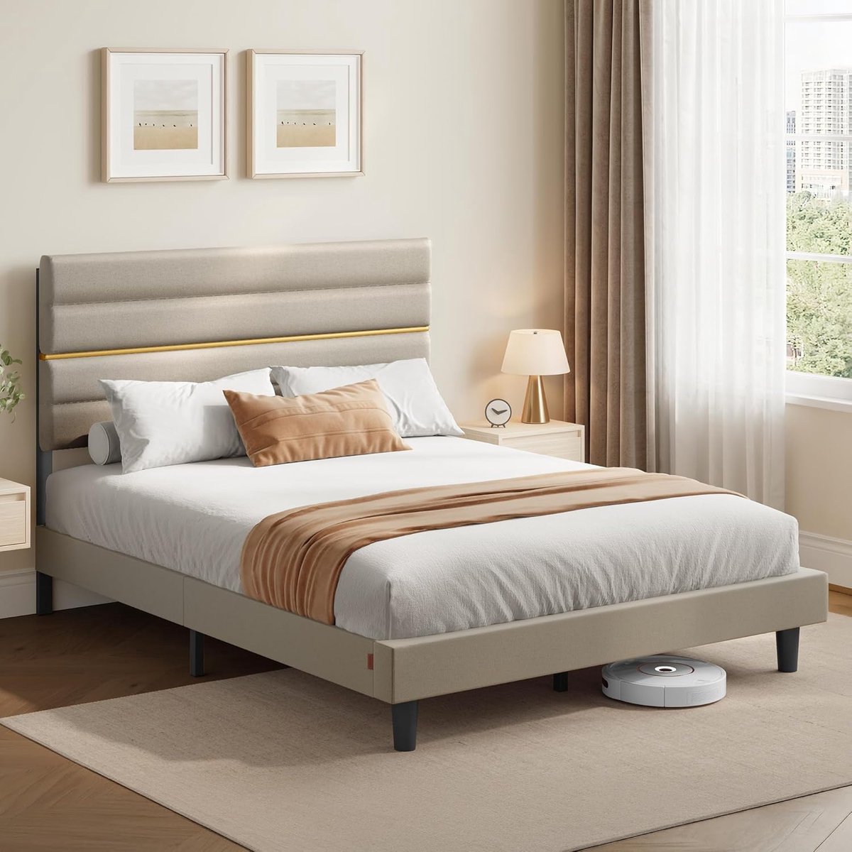 Verstelbaar Gestoffeerd Tweepersoonsbedframe 160x200 cm Cappuccino Beige met Metalen en Houten Constructie, Luxe Hoofdbord en Stabiele 9-Poots Ondersteuning – Mobili Bella