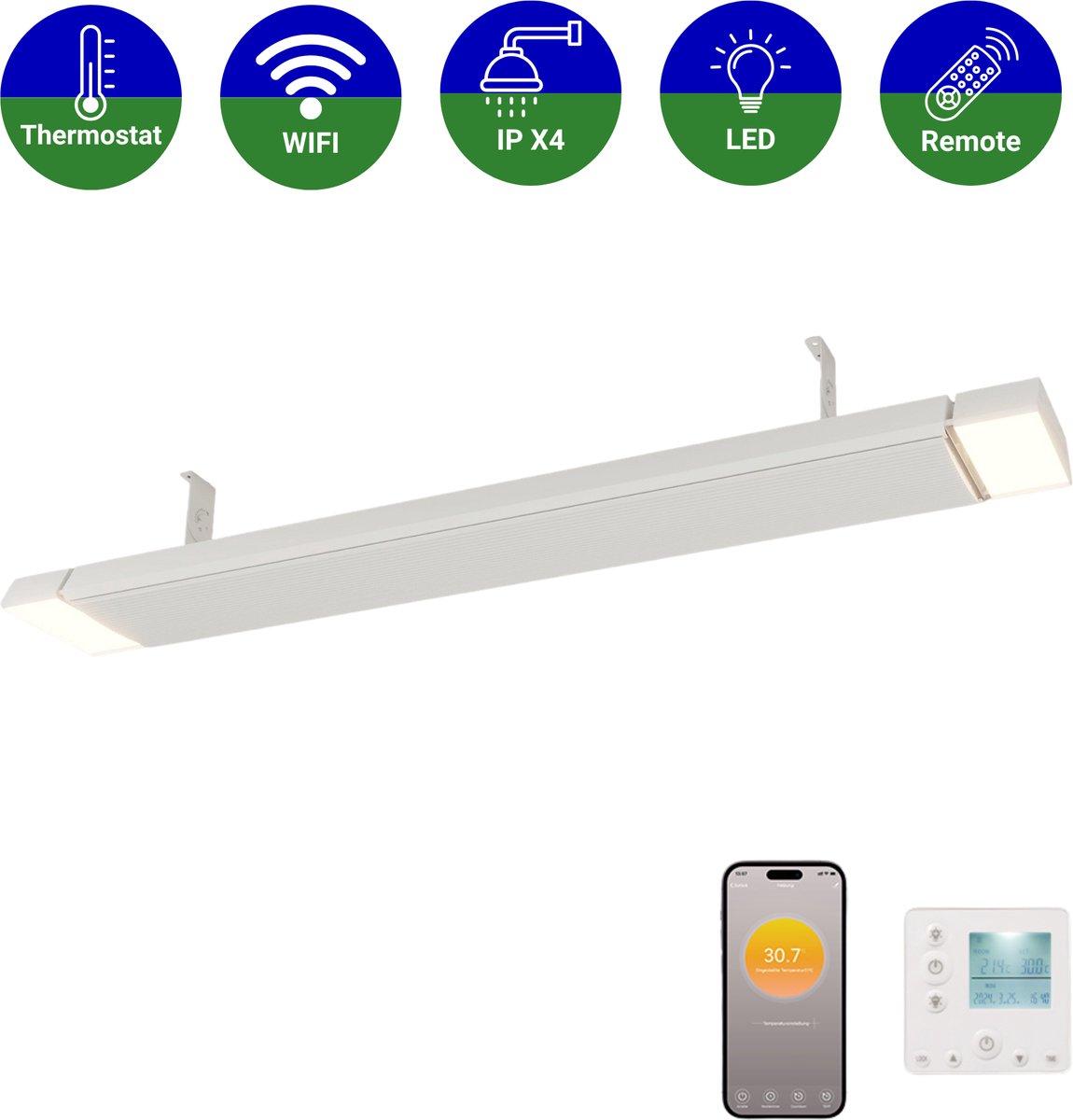 VH Infrarood warmte straler Ostuni LED - 1800 watt - Wit - Inclusief thermostaat - met Wifi functie - Hoge stralingswarmte