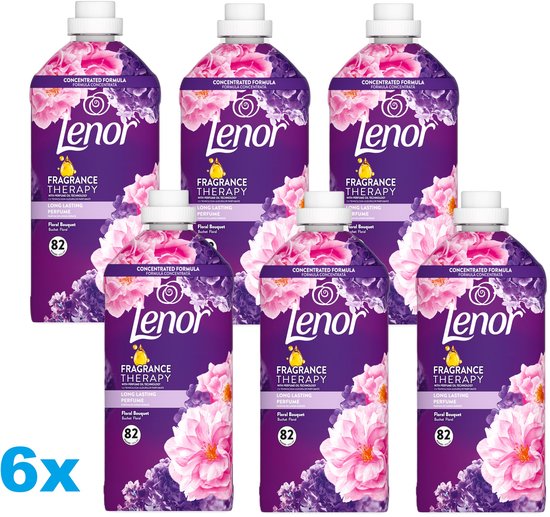 6 bouteilles d'assouplissant Lenor Parfum Floral, avec imprimé de fleurs violettes et roses. Contient 82 lavages.