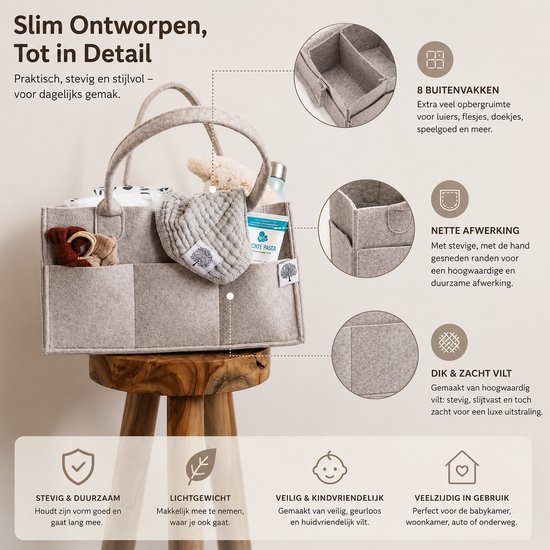 FSW-Products Vilt Baby Organizer - Opbergmand met 8 BuitenVakken en Handgrepen - Luiertas Organizer voor Luiers, Doekjes en Babyspullen - Beige van fsw-products — afbeelding 3