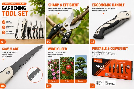 Tuinschaar-Tuingereedschap-Vijfdelige tuingereedschapsset voor het planten van bloemen Inclusief snoeischaar — afbeelding 4