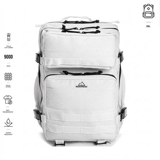 RoxPeak® TitanPack T1 - Outdoor Rugzak - 25L- Tactical Backpack – 15 Inch Laptopvak – 900D Polyester – MOLLE Systeem – Waterafstotend – Hiking, Camping, werk & Reisrugzak– Wit