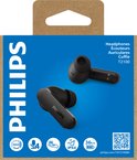 Verpakking van Philips TAT2100BK zwarte oordopjes, met afbeelding van de oordopjes en logo.
