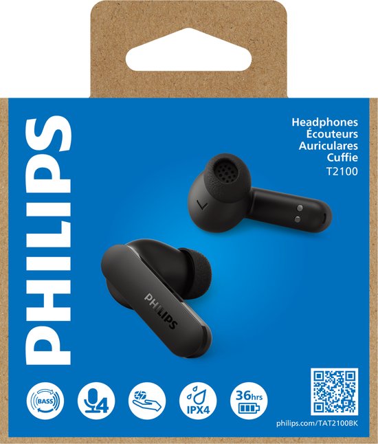 Verpakking van Philips TAT2100BK zwarte oordopjes, met afbeelding van de oordopjes en logo.
