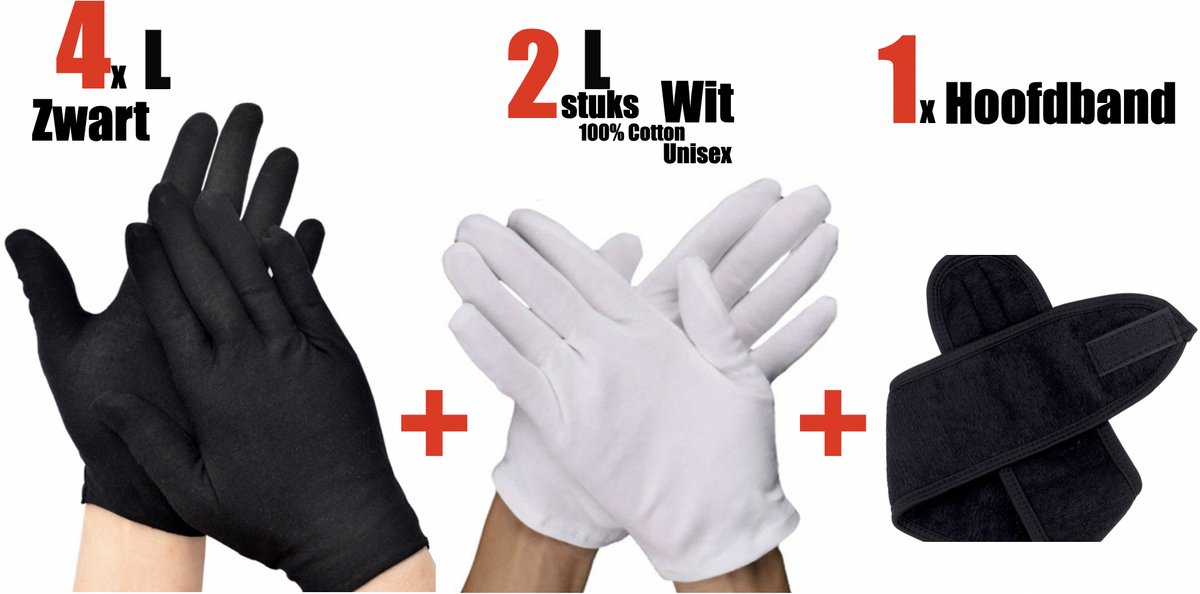 6 Stuks/3 Paar Katoenen Handschoen L - Katoenen Handschoen Zwart – Munt Handschoen - Gezondheidszorg - Ziekenhuis - Beauty Center – Kapper - Jewelry - eczeem - allergie - juweliers – Handschoenen 100% Katoen maat L + Hoofdband Zwart