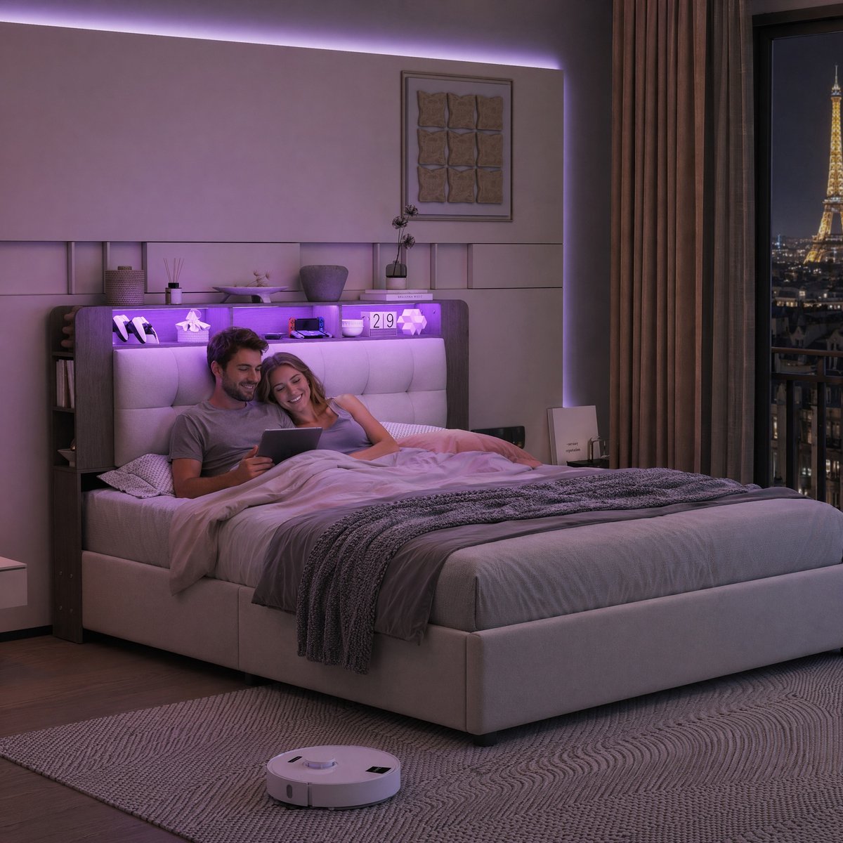 Opbergbed 160x200 cm – Beige fluwelen tweepersoonsbed – Gaslift opslag, hoofdbord-opbergruimte, LED-sfeerverlichting & draadloos opladen