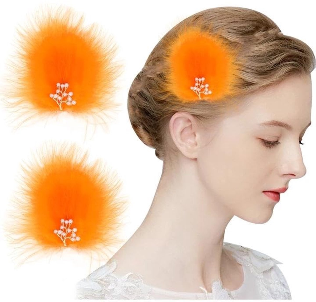 Dailygoods- Haarclips 2 Stuks - Handgemaakte Veren Haarclips - Vintage Haarspeldjes - Cosplay/Kostuum Accessoire - Natuurlijke Veren - Prachtig Pareldesign - Haarspeld