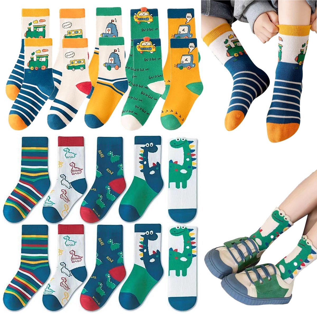 Dailygoods- Kindersokken 10 Paar - Veelkleurig - Dinosaurus/Dolfijnen Thema - Ademend Katoen - Geschikt voor 1-5 Jaar - Comfortabel Draagcomfort - Babysokken