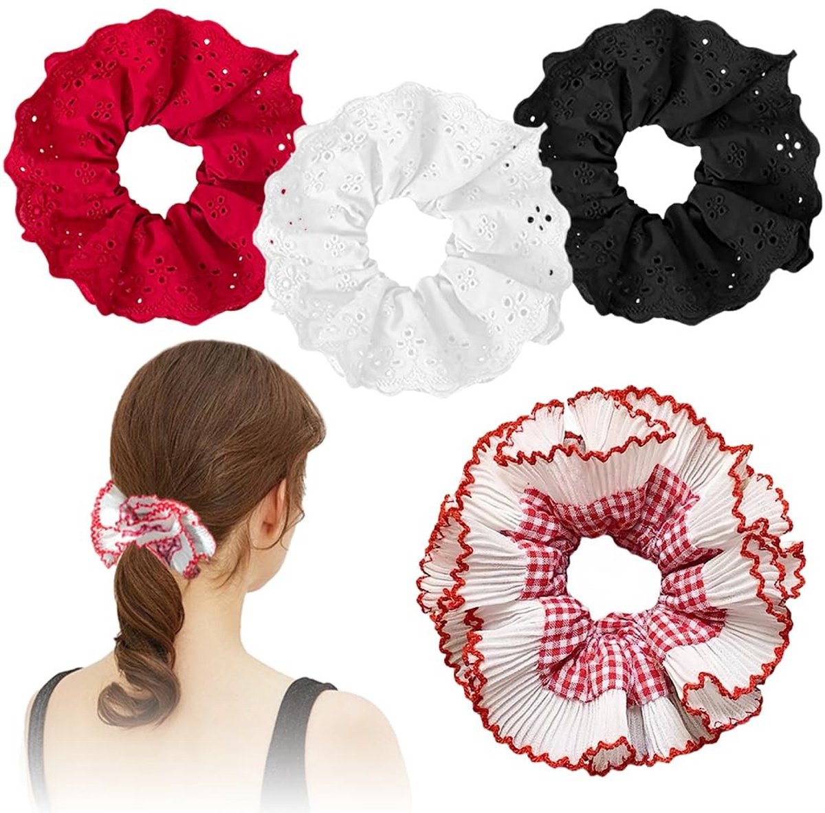 Dailygoods- Scrunchie 4 Stuks - Grote Kanten Scrunchie - Dubbellaags Borduurwerk - Zacht Elastisch - Veelkleurig - Perfect voor Paardenstaarten - Haarelastiek