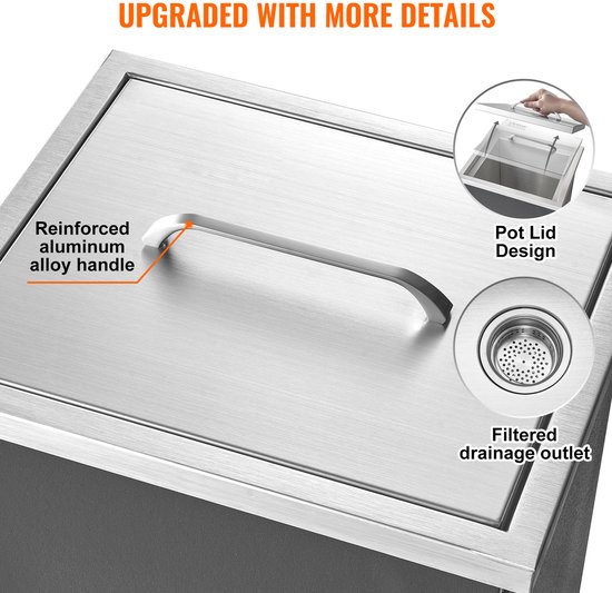 Inbouw Ijsbox, Roestvrijstalen Koeler 25,3l, Ijscontainer 355x305x461 mm met Deksel, Ijsopslag met Afvoer en Plug — afbeelding 3