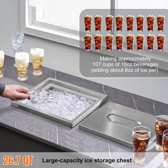 Inbouw Ijsbox, Roestvrijstalen Koeler 25,3l, Ijscontainer 355x305x461 mm met Deksel, Ijsopslag met Afvoer en Plug — afbeelding 4