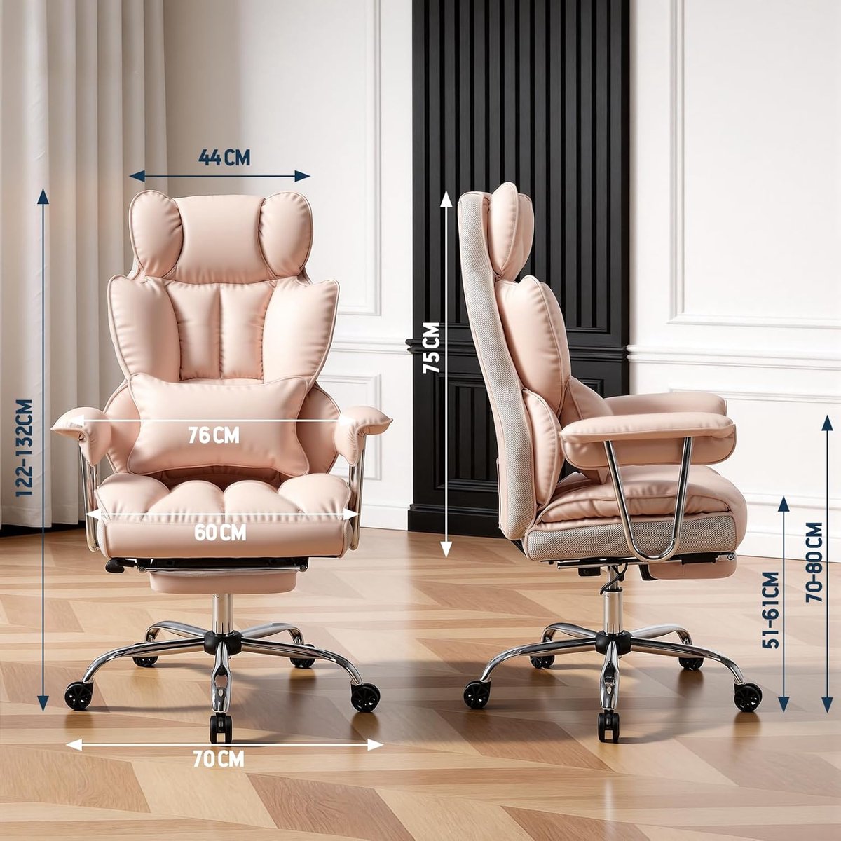 Ergonomische Bureaustoel XXL 200 kg – House&Garden Directiestoel met Voetensteun en Lendensteun – Verstelbare Gaming & Kantoorstoel – PU-Leren Executive Stoel Lichtroze – Kantelbare Rugleuning 90°–135° – Thuiswerk Comfort Stoel