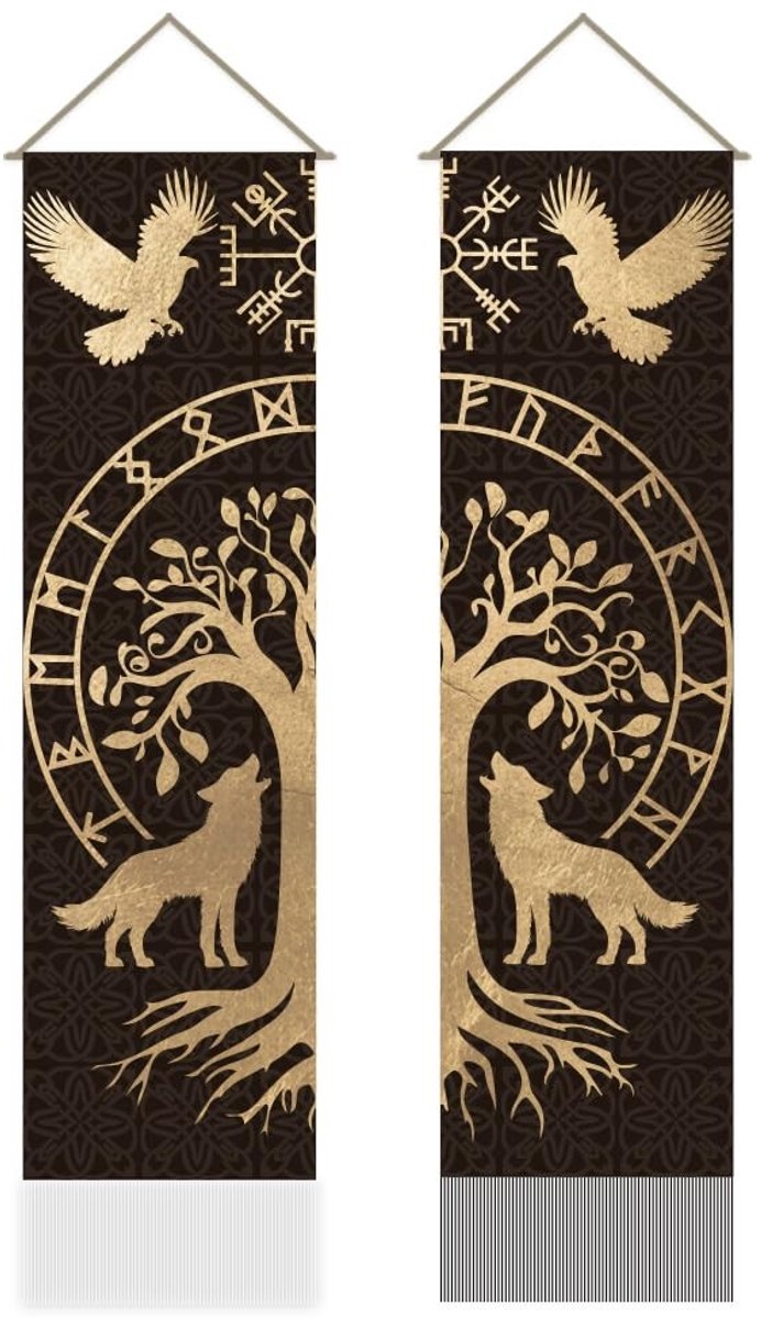 Dailygoods- Wandtapijt 117 x 30 cm - Viking Rune Levensboom - Verticale Wandtapijt - Mystieke Decoratie - Kwastjes - Slaapkamer/Woonkamer - Muurtapijt
