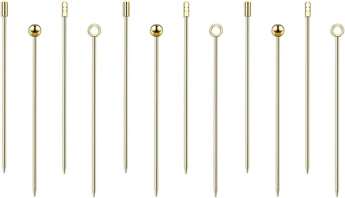 Dailygoods- Cocktail Spiesjes 11 cm - Herbruikbaar - RVS - Gouden Cocktailprikkers - Tapas Prikkers - Vaatwasmachinebestendig - 12 Stuks
