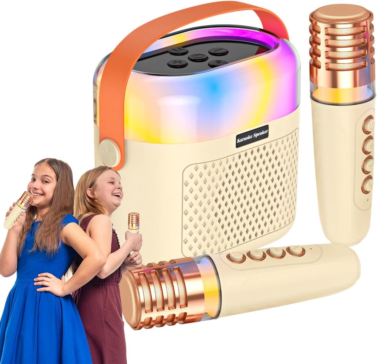 Sander Shop Kids Singing Machine, Family Karaoke Set, Home Karaoke System, Karaoke Speaker, Draagbare Karaoke Machine Family Karaoke Set met Draadloze Microfoon en Verlichting voor Kinderen met Verlichting(Beige)