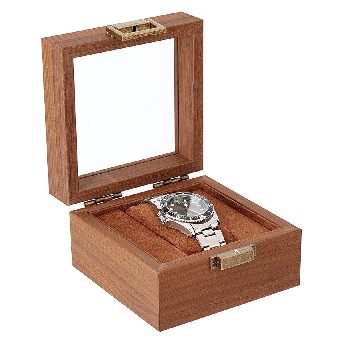 Dailygoods- Horlogehouder Draaiend - Houten Horloge Display Stand - Glazen Venster - Sieraden Houder - Cadeau Doos - Coconut Bruin