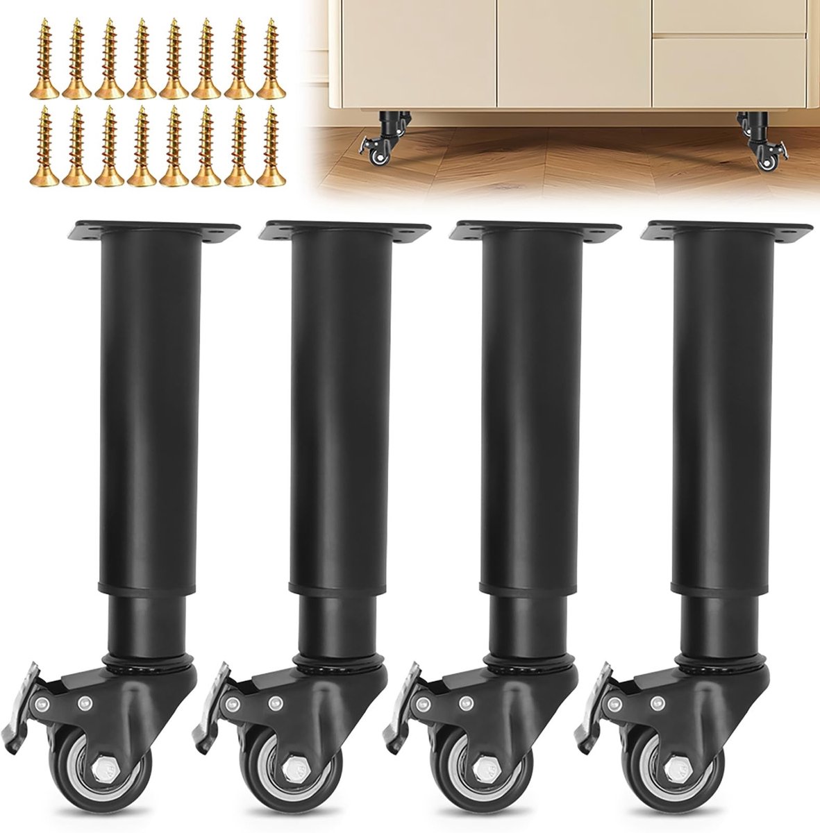 Dailygoods- Tafelpoten Verstelbaar - Meubelpoten Set van 4 - Hoogte 24,5-36 cm - Met Remwielen - Robuust en Krasbestendig - Draagvermogen tot 150 kg