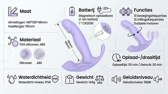 Paarse vibrator met afstandsbediening, met afmetingen 145x125x49mm en een inzetlengte van 115mm. Gemaakt van siliconen en ABS.