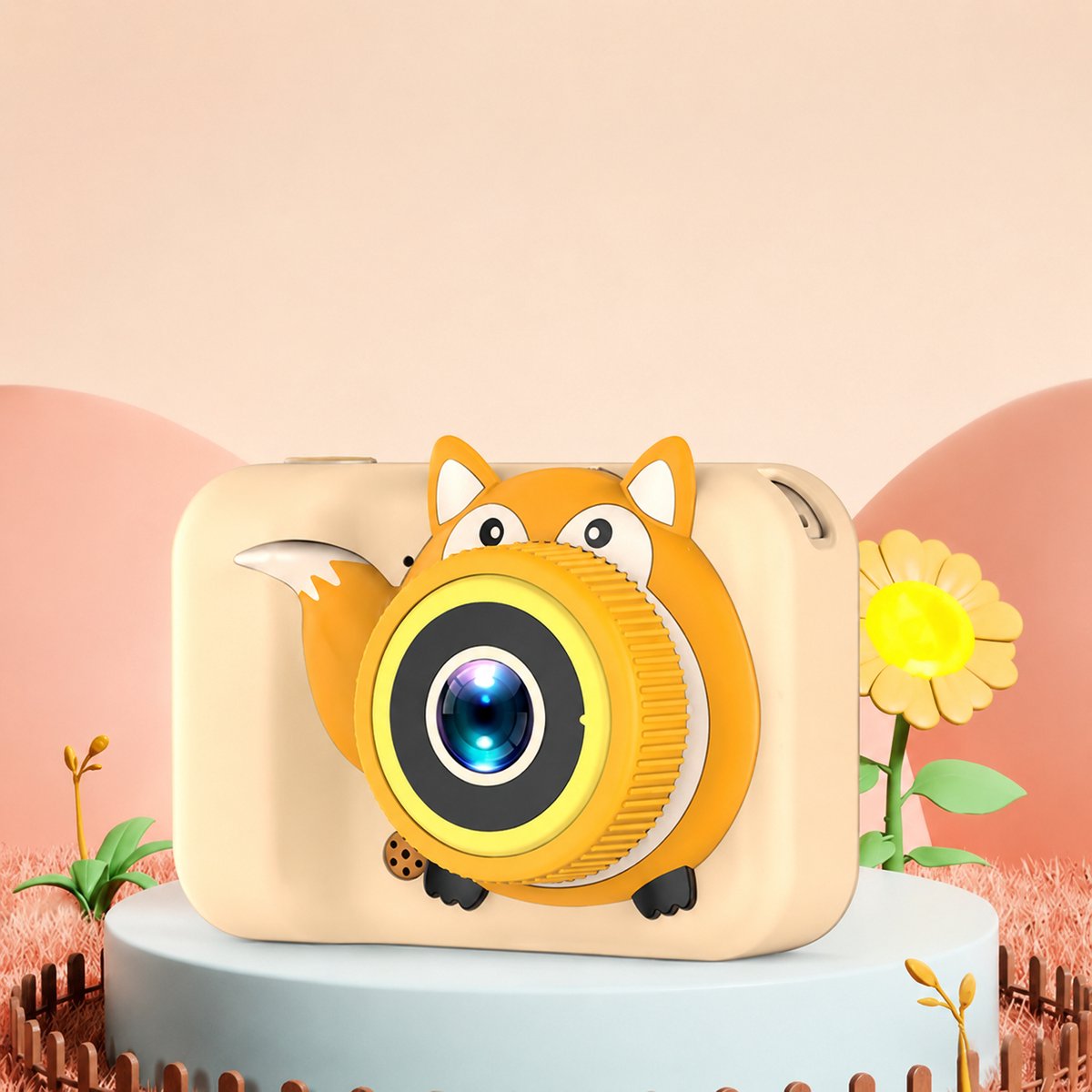 TEKROA® Digitale Kindercamera – Kindercamera's - Anti-Slip Beschermhoes – Fox Q3 - Kinder Fototoestel – 20MP -Dubbele Lens - Geel