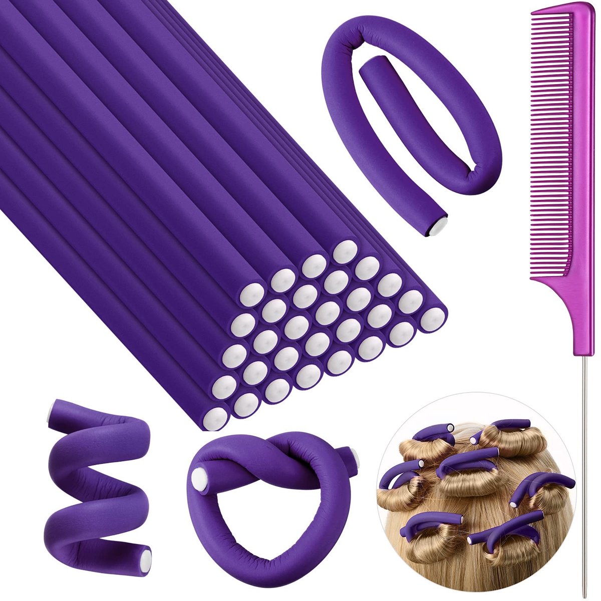 Dailygoods- Haarrollers 30 Stuks - Flexibele Krulspelden - Zacht Schuim - Rattenstaartkam - Geen Warmte - Voor Lang/Kort Haar
