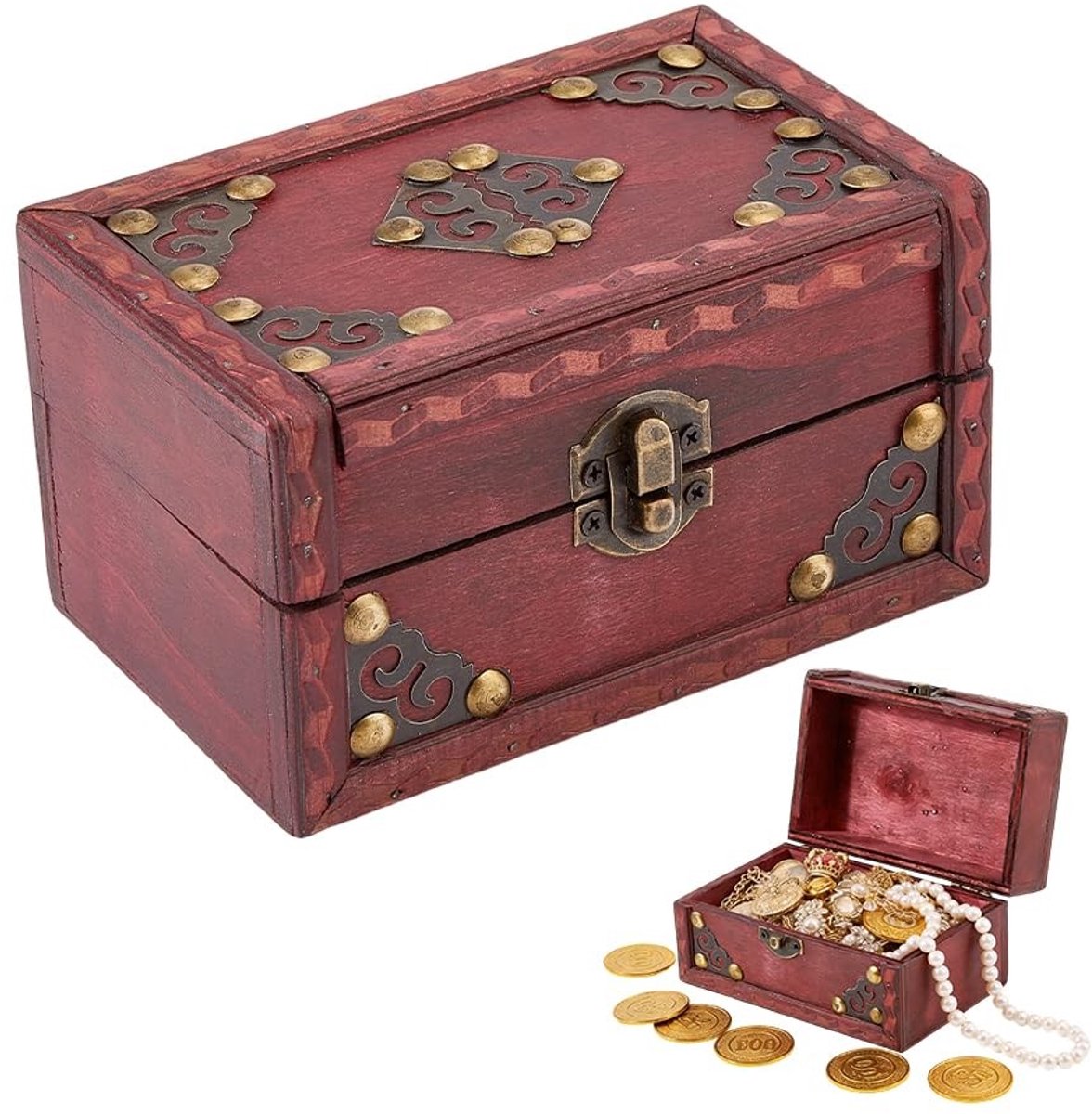 Dailygoods- Sieradenbox Retro Stijl - Houten Opbergdoos - Piratenschat Kist - Creatieve Geschenkdoos - 14x9x8cm - Duurzaam Hout