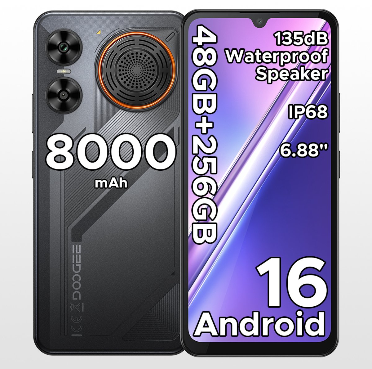 Robuuste smartphone - DOOGEE M30 - Telefoon 2026 - 6,88" 120Hz - 48GB RAM - 256GB ROM - 8000 mAh - Android 16 - IP68 waterdicht - 135dB spreker - GPS,NFC,OTG,FM - Zwart