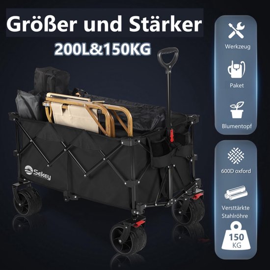 Bolderkar opvouwbaar XXL 200L - met remmen en extra brede all-terrain wielen - tot 150 kg belastbaar - voor outdoor, camping, tuin, strand en boodschappen van Bolderkar Opvouwbaar — afbeelding 2