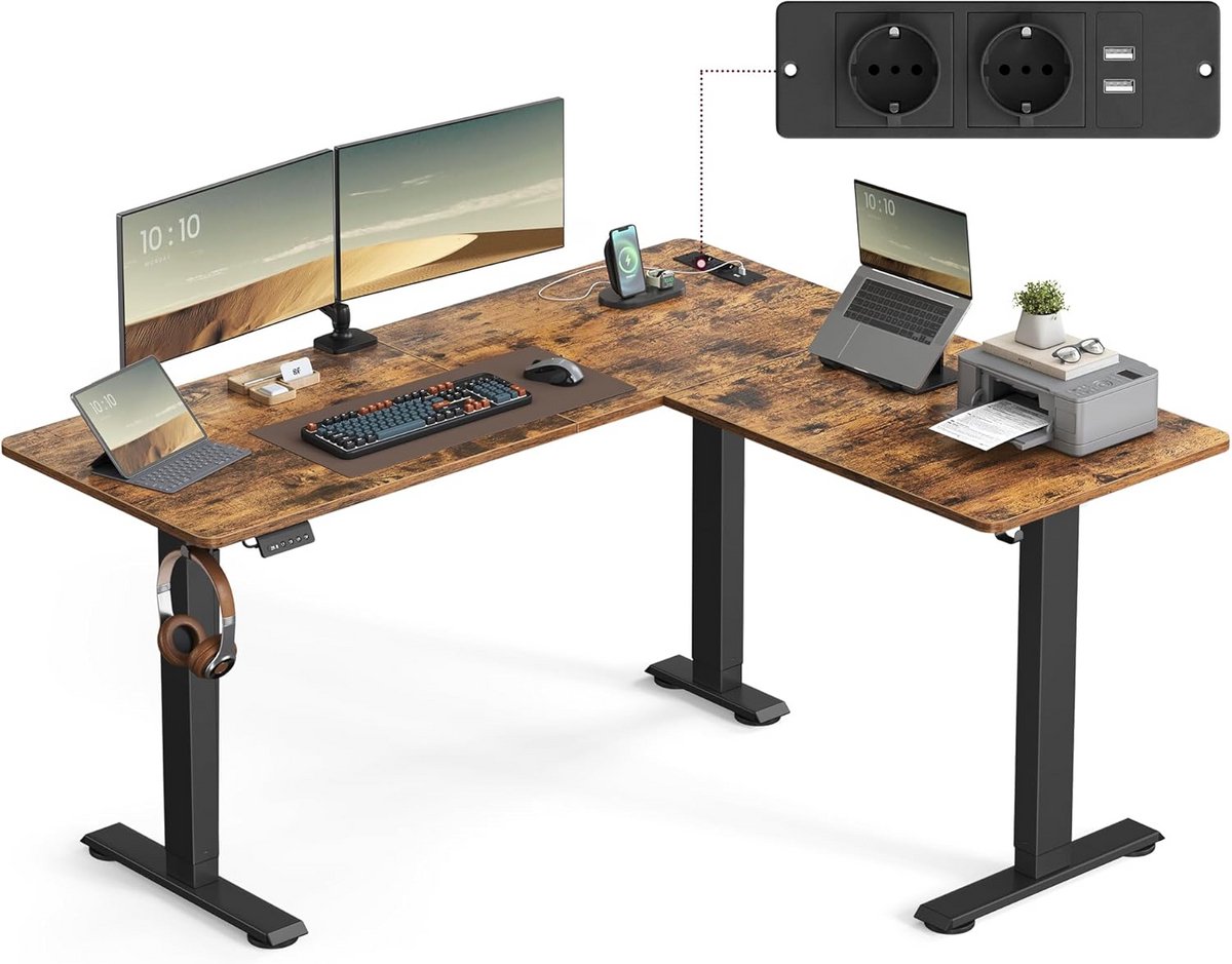 Verstelbaar bureau - Hoekbureau werkplek - Thuiswerken productief - Geïntegreerde stekkerdoos - 140 x 160 cm - Rustiek bruin