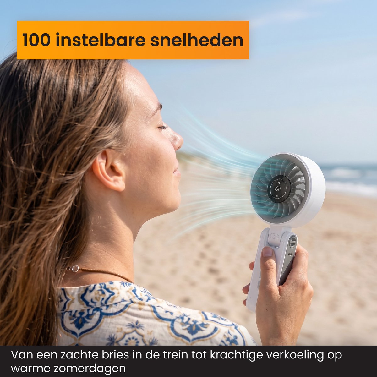 R2B Handventilator Oplaadbaar - Draagbare Mini Ventilator - Nekventilator met 100 Snelheden - Opvouwbaar - 4000 mAh - LED Display en Draagkoord — afbeelding 4