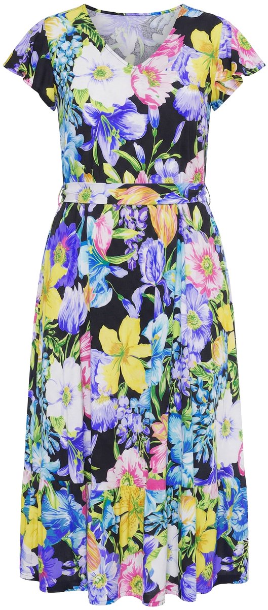 MIAMODA - Dames - Jersey jurk A-lijn bloemenmotief - Zwart - Maat 60