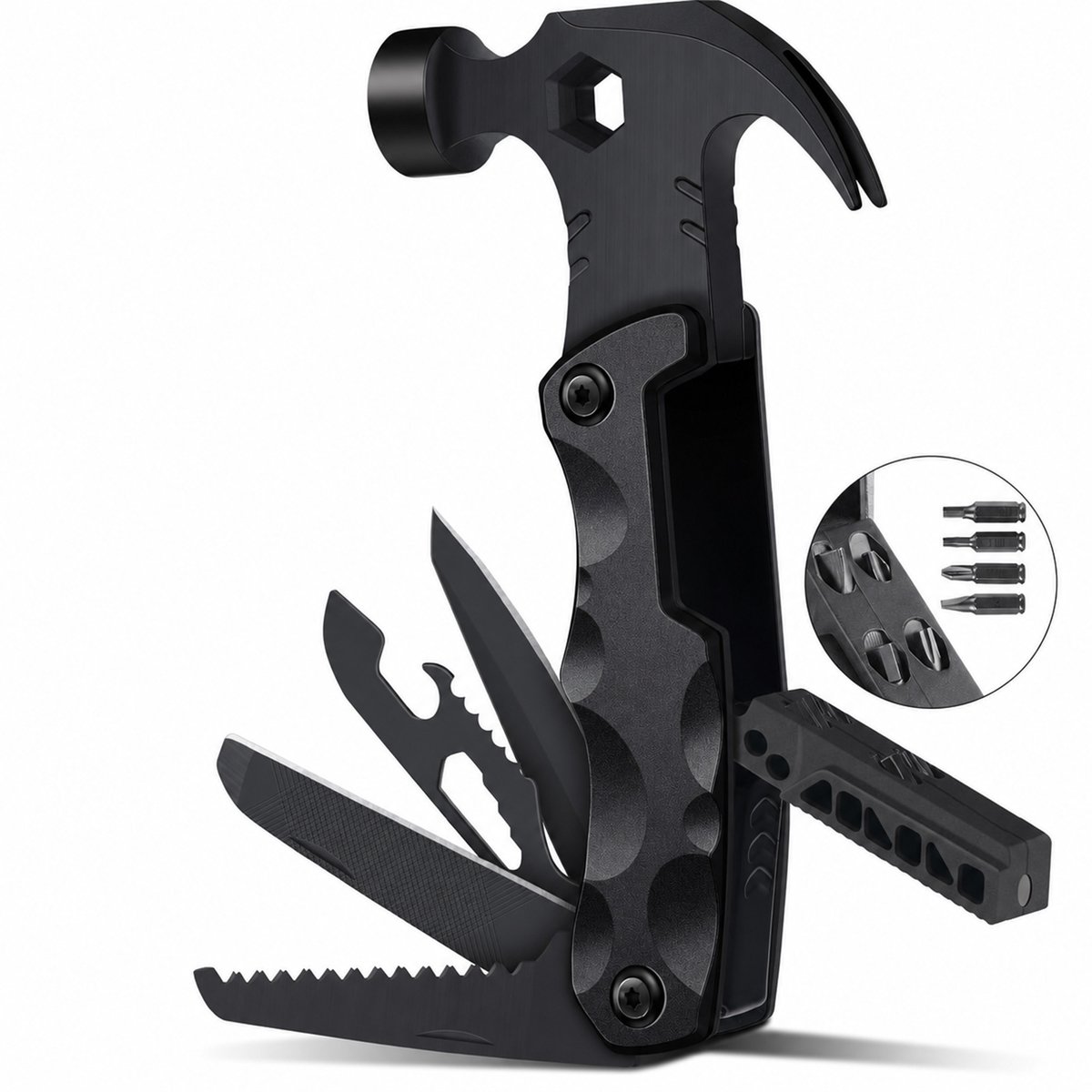 DOWO Multitool Hamer 13-in-1 - Gereedschap Multitool met Zakmes en Zaag - Survival Tool - Multifunctioneel Gereedschap voor Camping en Outdoor - Met Schroevendraaier, Flesopener en Blikopener