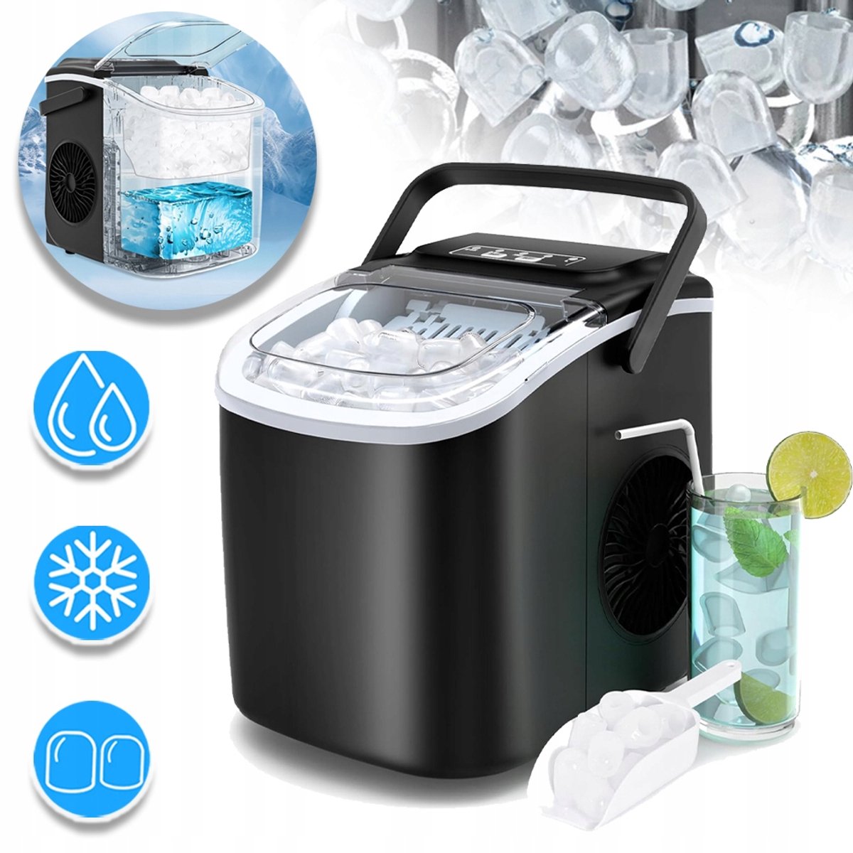 Kleine Ijsblokjesmachine - Zelfreinigende Ijsmaker - 2 Ijsblokjesformaten - 9 Ijsblokjes Klaar In 6 Minuten - Geluidsarm, Transparant Deksel, Gebruiksvriendelijk Bedieningspaneel, Automatische Uitschakelsensor - Geschikt Voor Kantoor, Bar En Feestjes