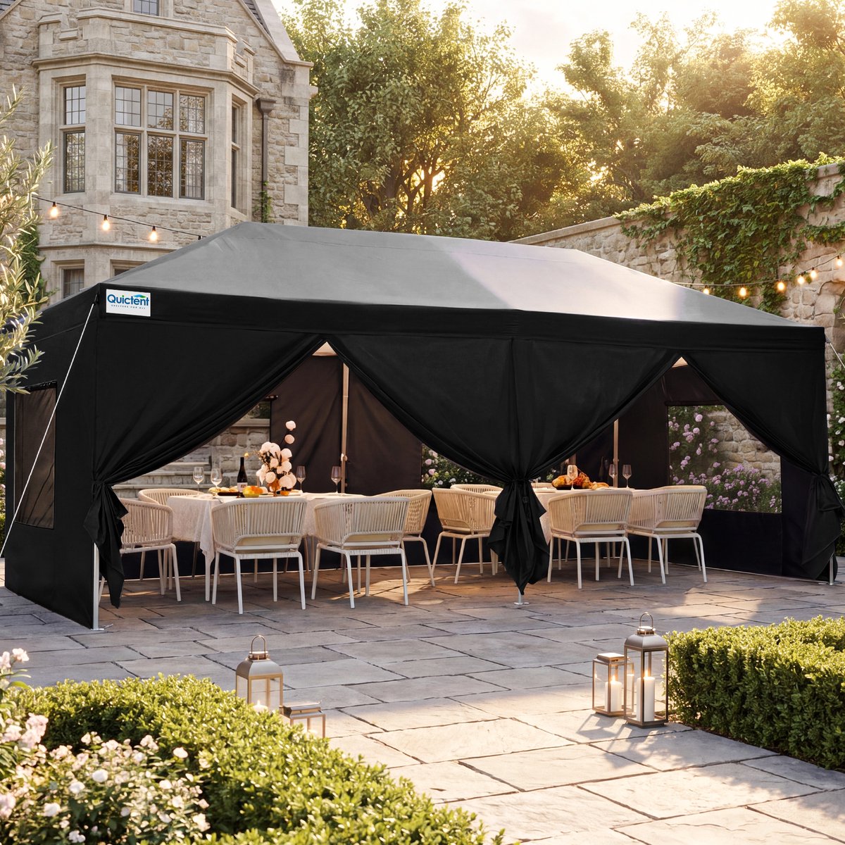 Quictent Vouwbare Partytent 3x6m – waterdicht, 6 zijwanden, in hoogte verstelbaar – Zwart