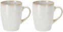 Twee witte mokken met glanzende bruine rand, gevuld met koffie.