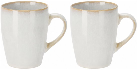 Twee witte mokken met glanzende bruine rand, gevuld met koffie.