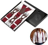 Sorprese - Luxe Chique Bretels - Wijnrood - Donkerbruin Leer - 6 Stevige Clips - Bretels Heren Volwassenen - Inclusief Cadeaudoos