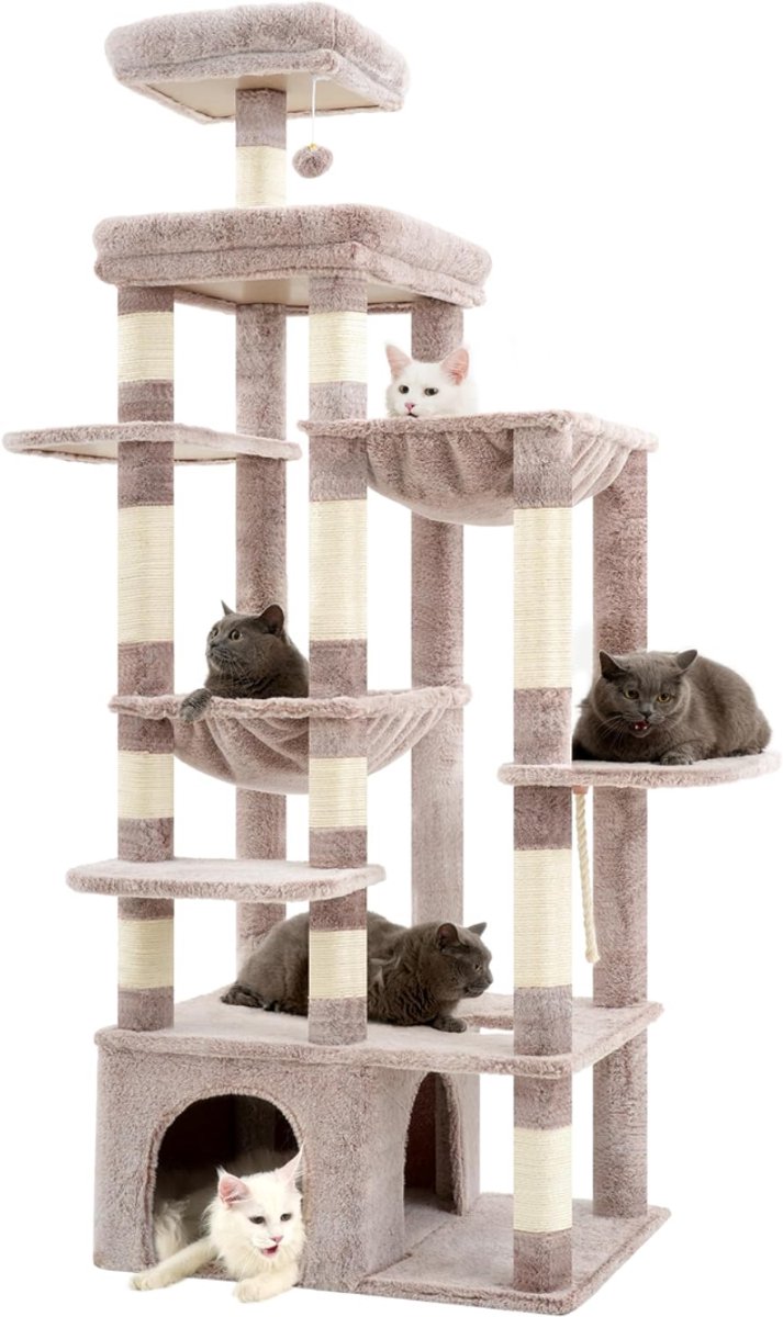 SNJY® Krabpaal Voor Grote Katten - Krabton - Kattenboom - Kattenhuis - Kattenmand - 50L x 70B x 180H cm - Bruin/Beige