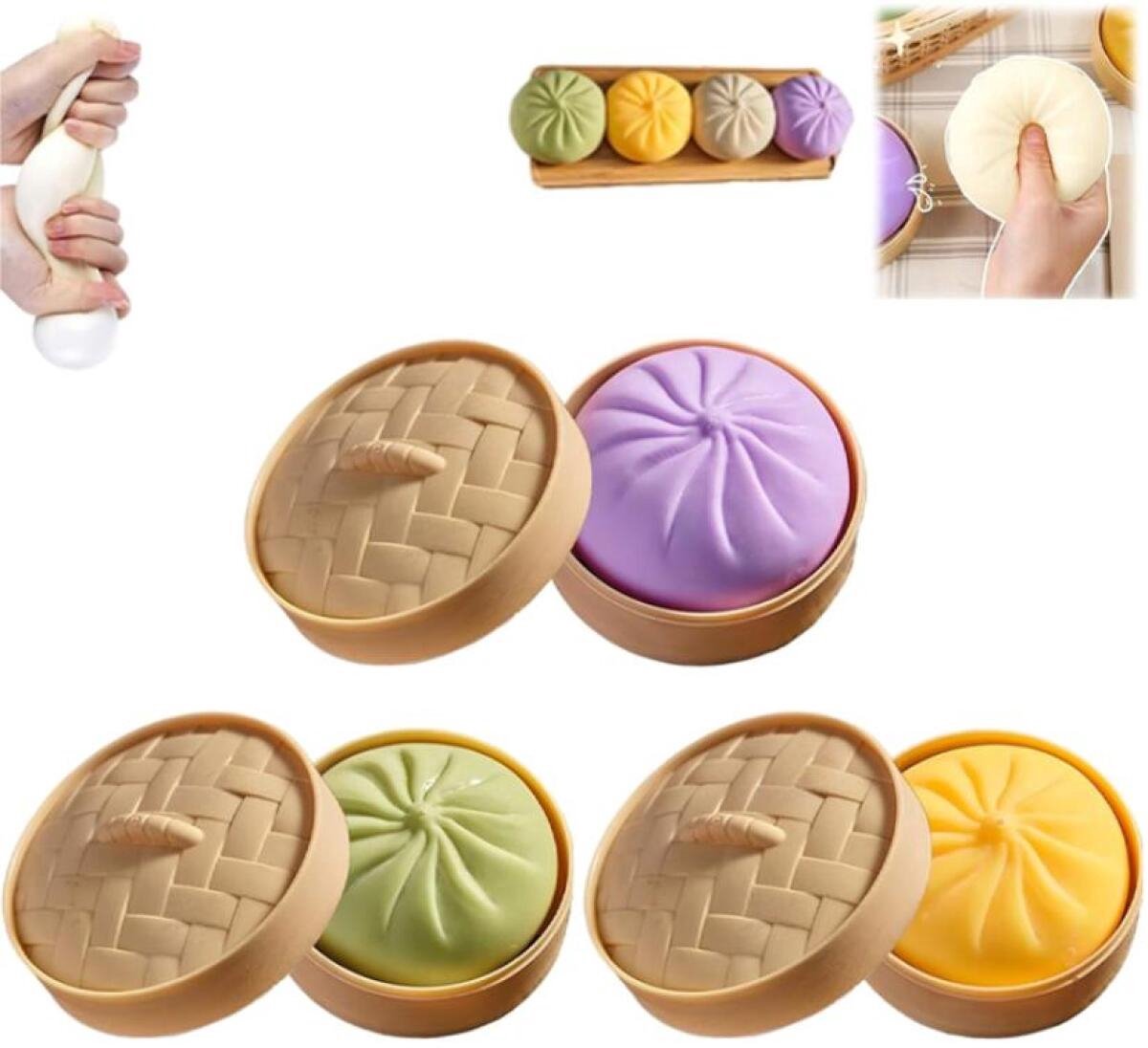 Fidget Squishy - 3 Stuks - Giant Squishy Dumpling Squishy - Fidget toys - Kawaii Anti-stress Knijpspeelgoed - Knot met Voedselstomer - Zachte Squishy Dumplings die angst verminderen - Sensorisch Fidget-decompressiespeelgoed - Paars/Geel/Groen
