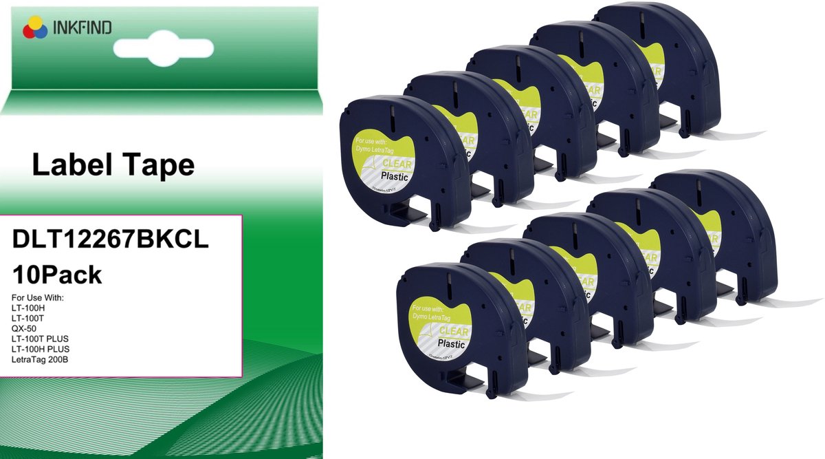 INKFIND 12267 (S0721530) Tape 12mm x 4 m Zwart op Transparant (10 Pack) Geschikt voor Dymo Labelwriter