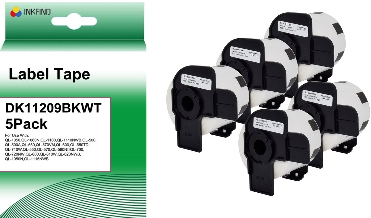INKFIND DK-11209 label: 62X29mm 5 Pack white (800 labels/roll) Geschikt voor Brother Labelwriter