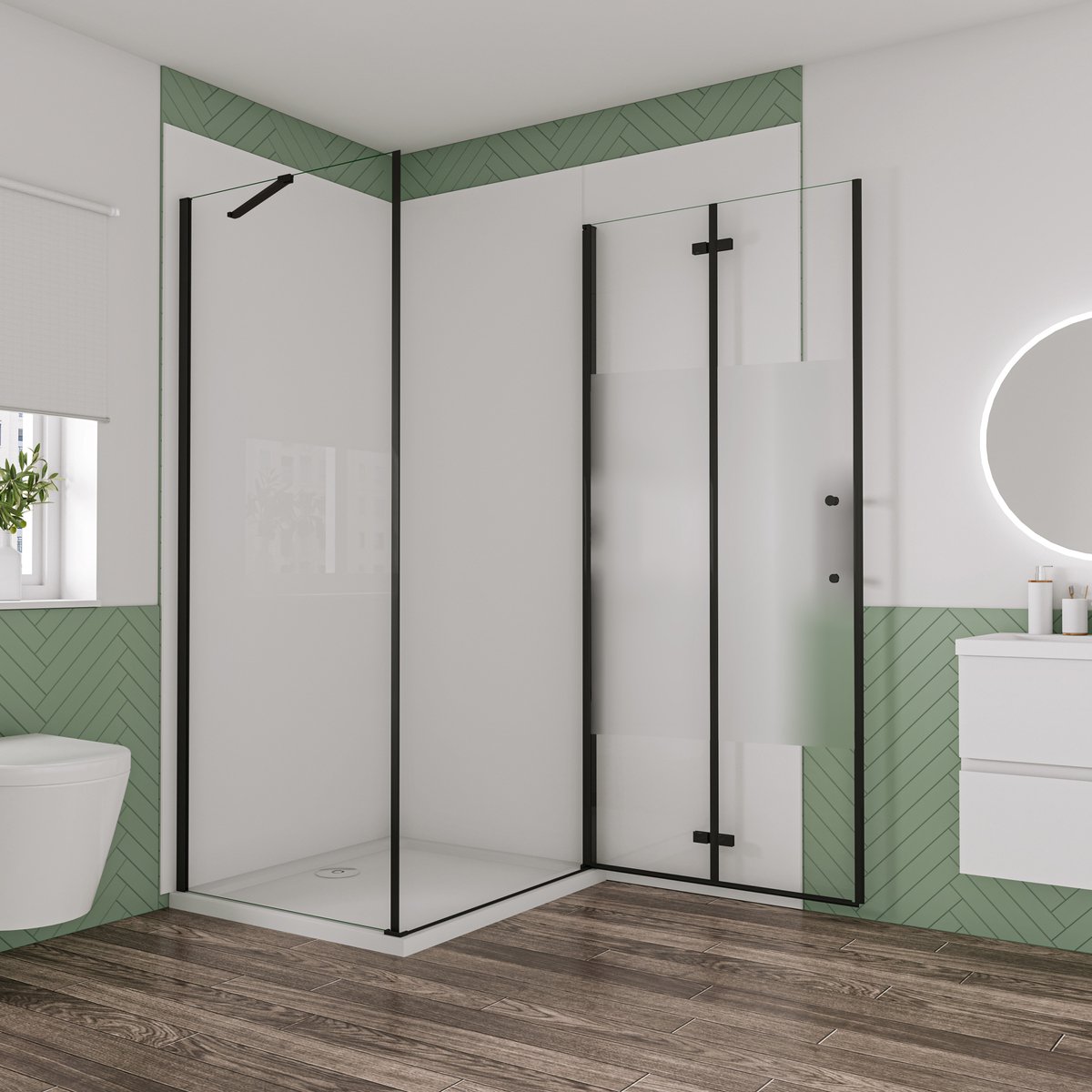Aica Industriële douchecabine 76x80x195cm met vouwdeur en vaste zijwand 6mm nano veiligheidsglas ondoorzichtige matte middenstrook mat zwarte aluminium frame stabilisatiestang 50 cm incl. douchebak