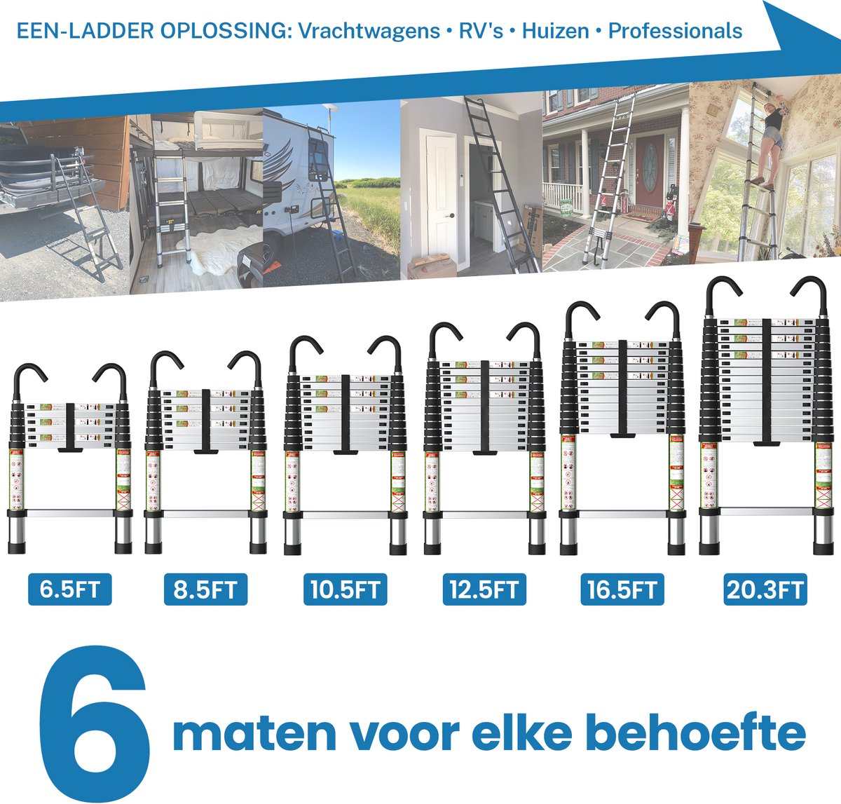 FelixKing aluminium telescopische ladder met stabiele haak, inklapbare ladder van 2,6 tot 5 meter met antislipvoetjes, lichtgewicht draagbare uitschuifladder voor huishoudelijk en buitengebruik, draagvermogen van 136 kg voor thuis, zolder en vliering – foto 7