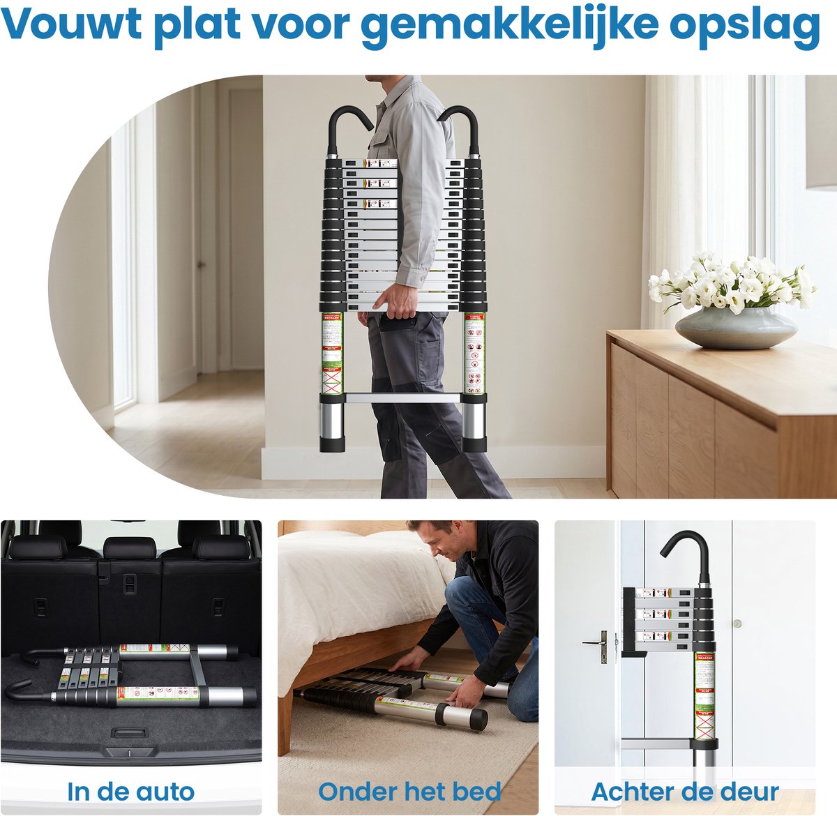 FelixKing aluminium telescopische ladder met stabiele haak, inklapbare ladder van 2,6 tot 5 meter met antislipvoetjes, lichtgewicht draagbare uitschuifladder voor huishoudelijk en buitengebruik, draagvermogen van 136 kg voor thuis, zolder en vliering – foto 8