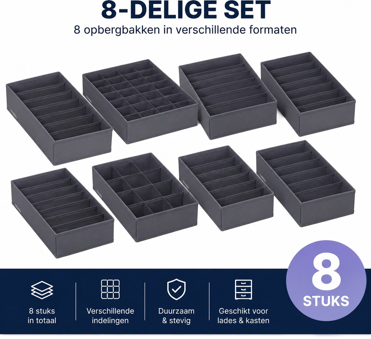 Ondergoed Opbergdozen - Lade organizer Kledingkast - Organizer Beha Ondergoed Sokken Stropdassen - Opvouwbare Dozen - Stoffen Dozen - Set van 8 Grijs