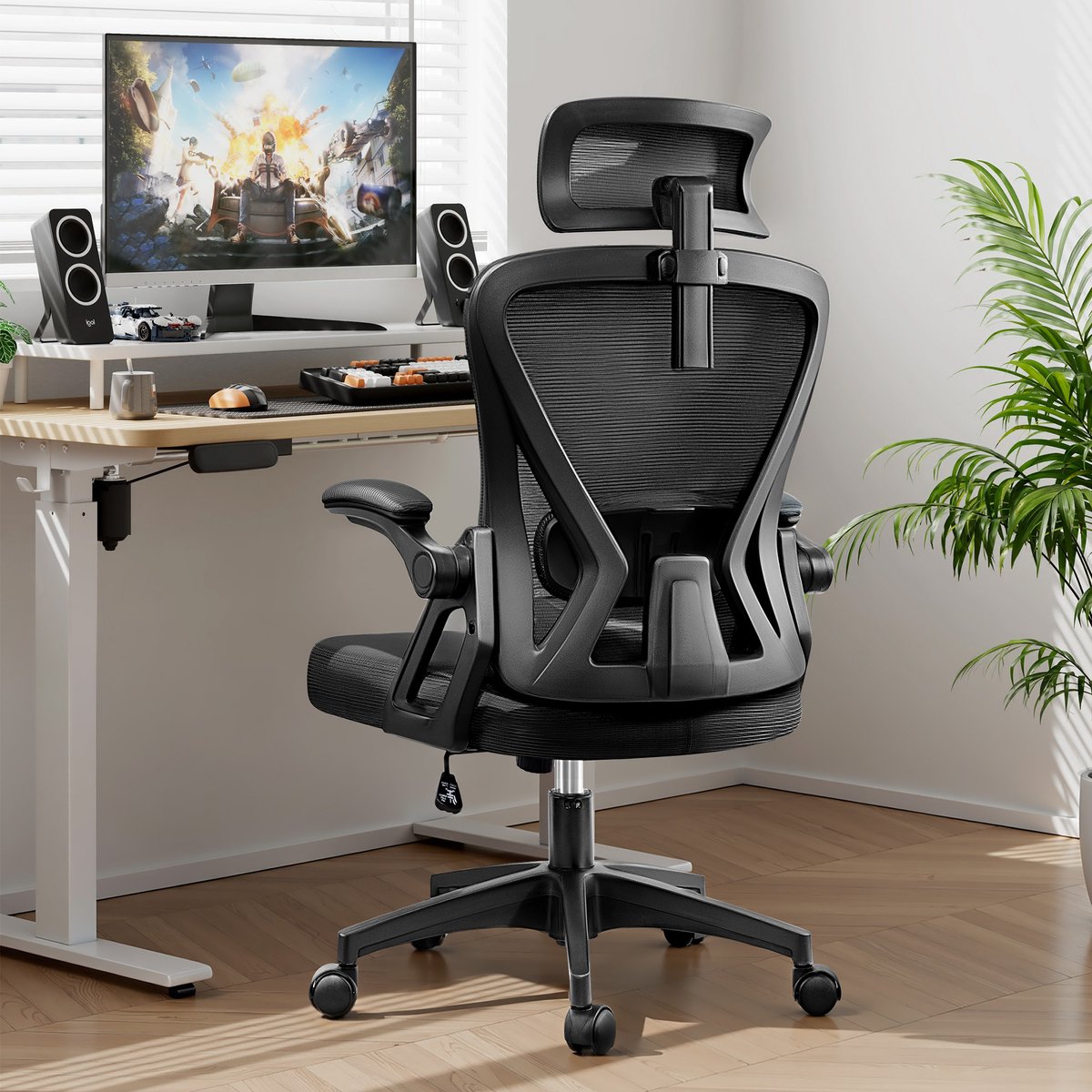 FelixKing Ergonomische Bureaustoel, Draaibare Bureaustoel voor Thuis met Hoofdsteun, Hoge Rugleuning Ademend Mesh Werkstoel, Gevoerde Opklapbare Armleuningen, Lendensteun, Computerstoel op Wielen, In Hoogte Verstelbare Gamingstoel, Kantelbaar