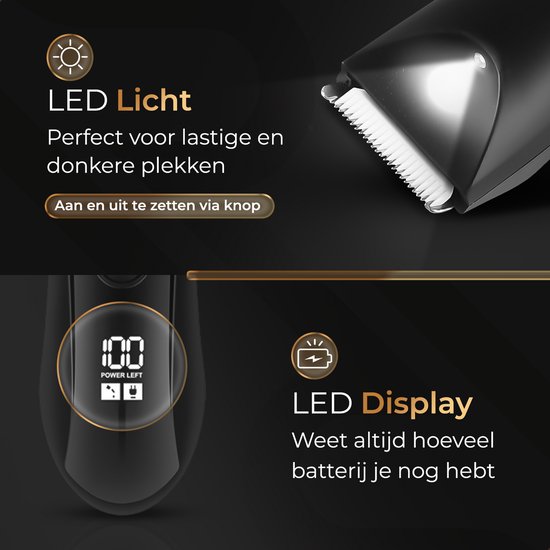 Close-up van de LED-verlichting op de zwarte Wellshave trimmer en een detail van het LED-display dat de batterijstatus toont.