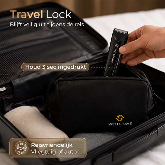 Zwarte Wellshave trimmer wordt in een toilettas in een koffer geplaatst. Reisvriendelijk, met Travel Lock functie.