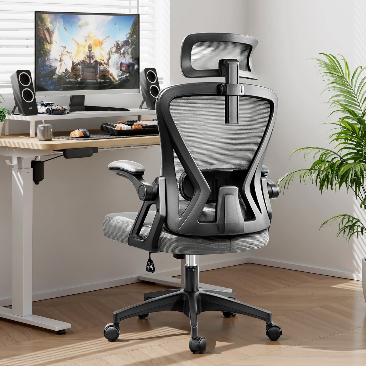 FelixKing Ergonomische Bureaustoel, Draaibare Bureaustoel voor Thuis met Hoofdsteun, Hoge Rugleuning Ademend Mesh Werkstoel, Gevoerde Opklapbare Armleuningen, Lendensteun, Computerstoel op Wielen, In Hoogte Verstelbare Gamingstoel, Kantelbaar
